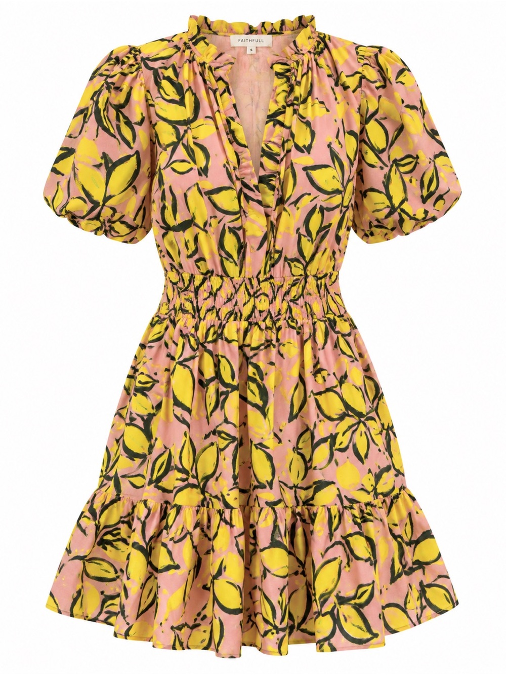 THML Pink & Yellow Floral Smocked-Waist Mini Dress